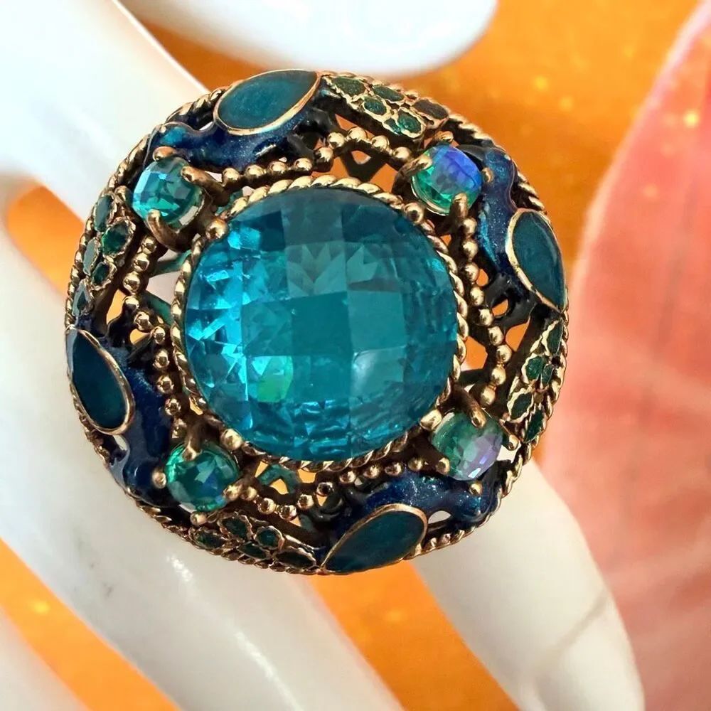Sajen Peacock Dome Ring Bronze Blue Enamel Crystal Statement Ring - Picture 8 of 13